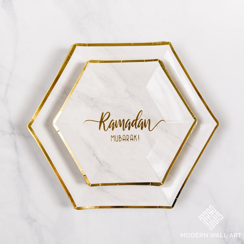 Hexagon Marble Ramadan Mubarak Dessert Plates (Set Of 12) Decor