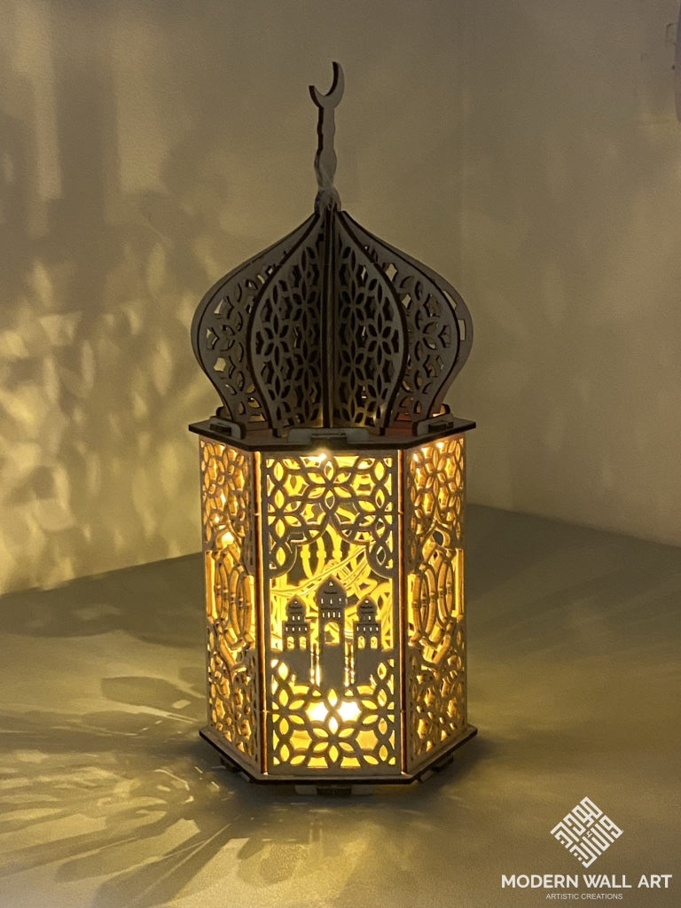 Eid Mubarak Wooden Lantern Decoration Ramadan Wood Tabletop Decor