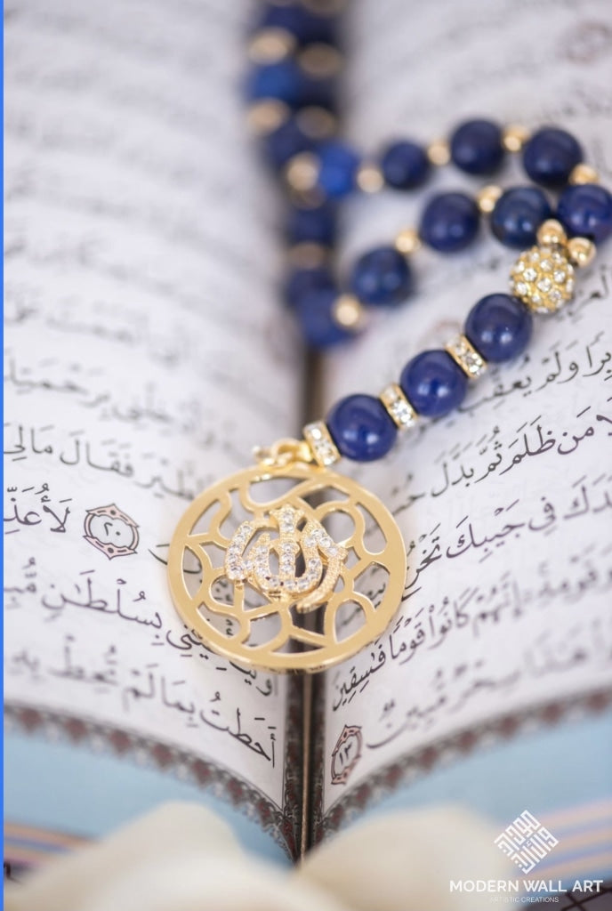 99 Beads Tasbih Misbaha With 24K Gold Plated Allah Pendant Velvet Gift Pouch