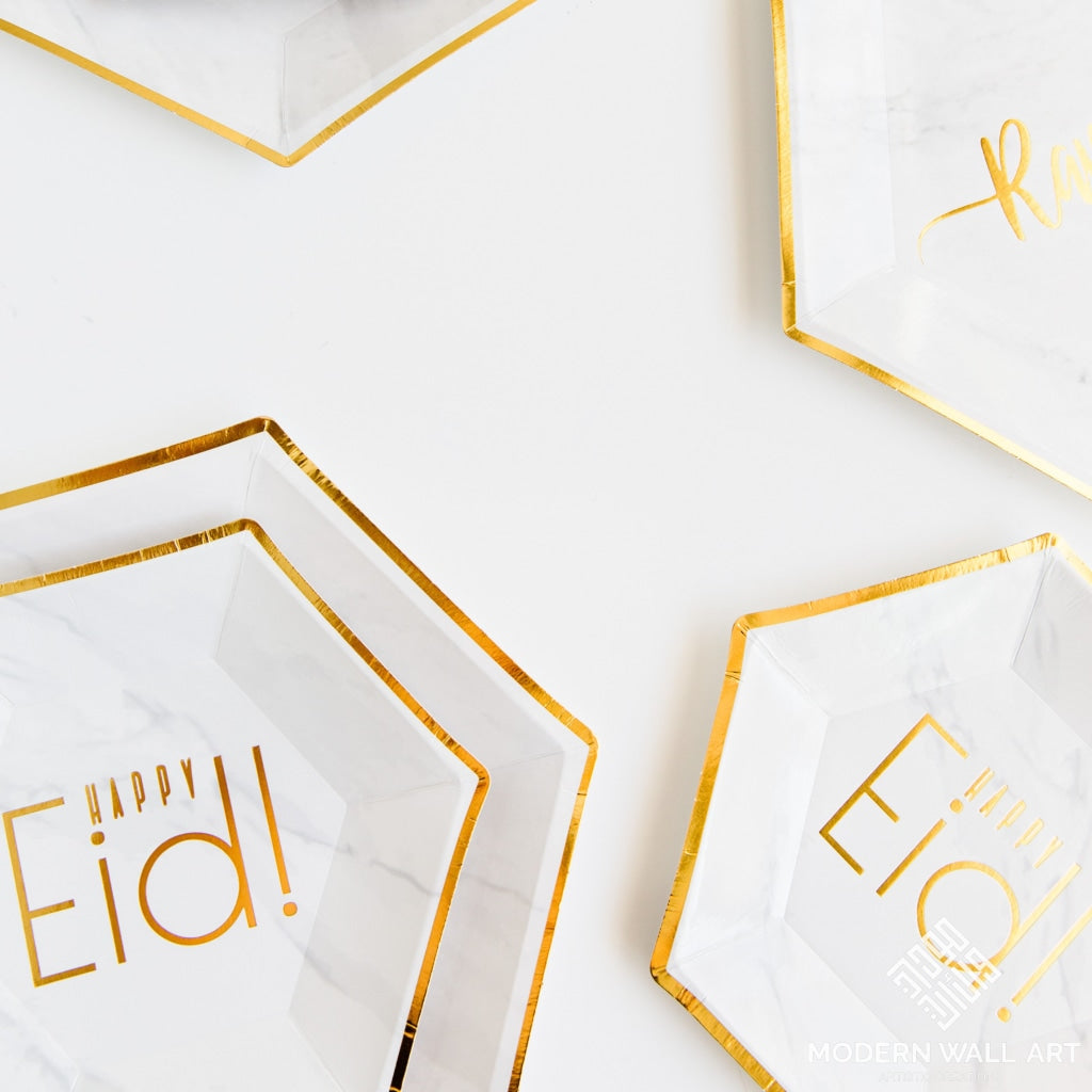Hexagon Marble Happy Eid Dessert Plates (Set Of 12) Decor