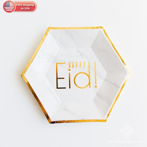 Hexagon Marble Happy Eid Dessert Plates (Set Of 12) Decor