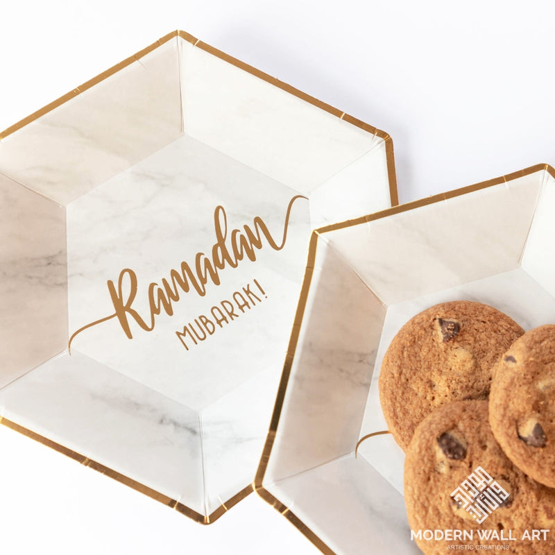 Hexagon Marble Ramadan Mubarak Dessert Plates (Set Of 12) Decor