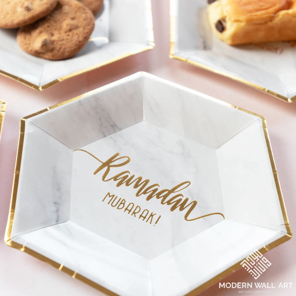 Hexagon Marble Ramadan Mubarak Dessert Plates (Set Of 12) Decor