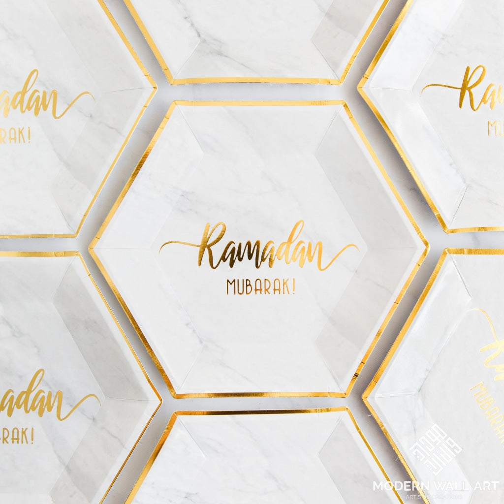Hexagon Marble Ramadan Mubarak Dinner Plates (Set Of 12) Decor