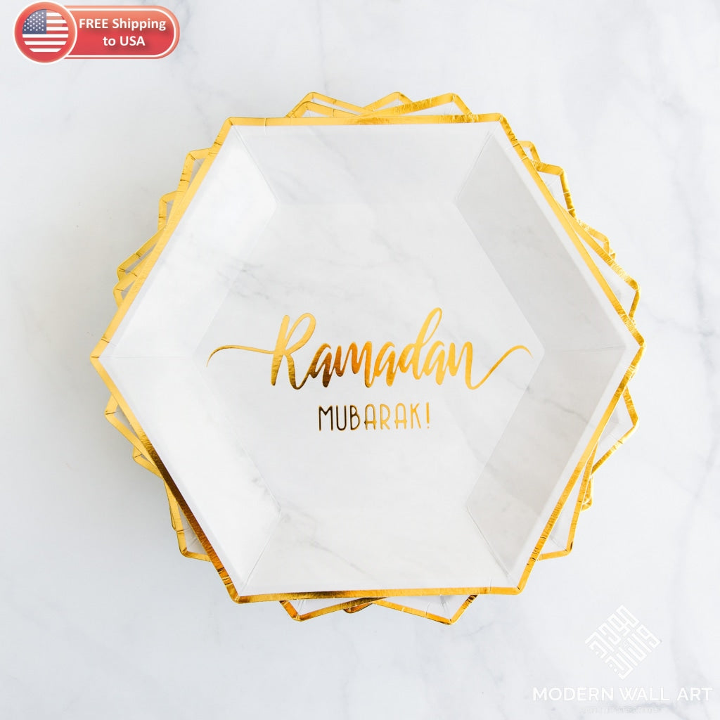 Hexagon Marble Ramadan Mubarak Dinner Plates (Set Of 12) Decor