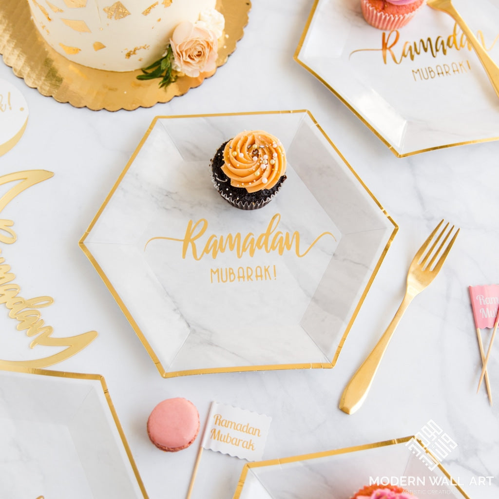 Hexagon Marble Ramadan Mubarak Dinner Plates (Set Of 12) Decor