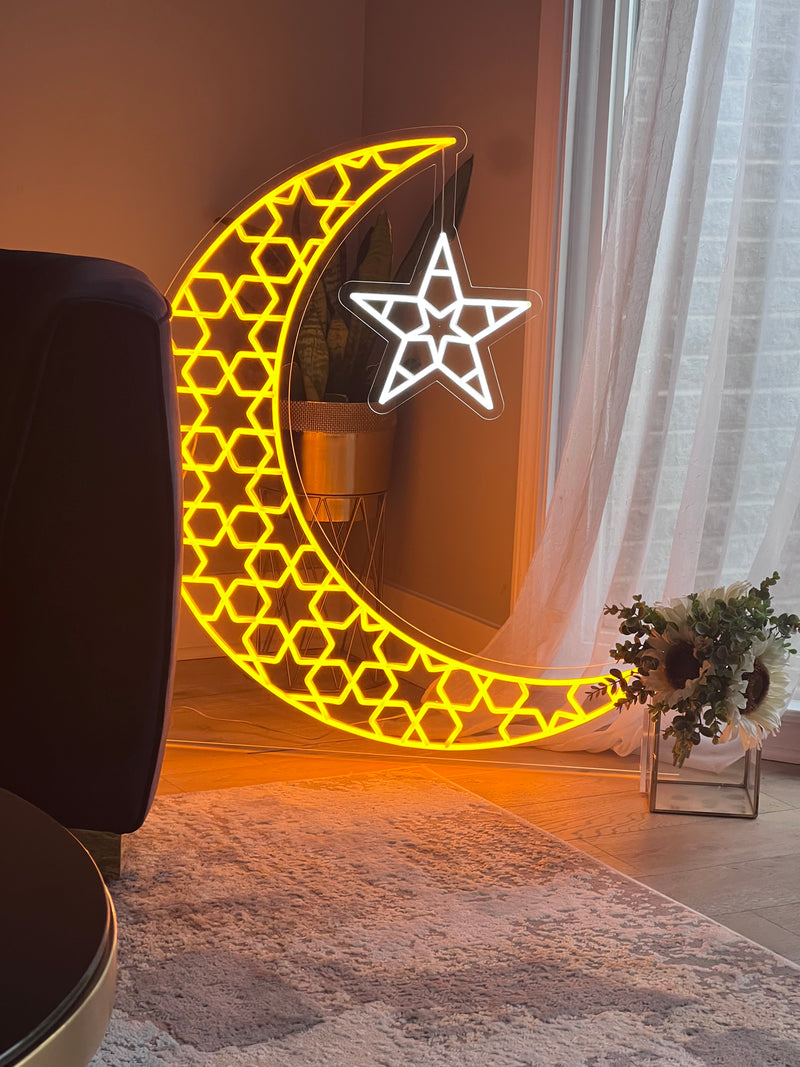 Ramadan Golden Moon with Star Led Neon Sign