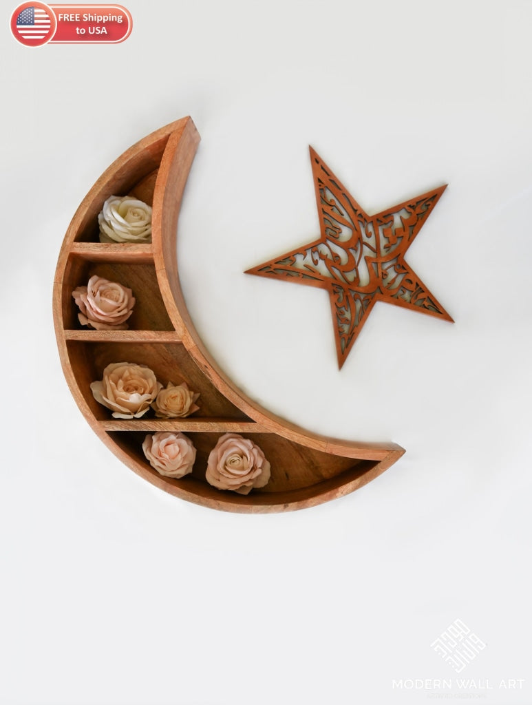 Wooden Crescent Moon Wall Shelf Star
